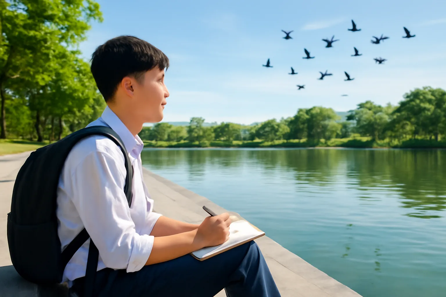 Nam sinh viên ngồi bên hồ trong khuôn viên trường ở Thủ Đức quan sát đàn chim