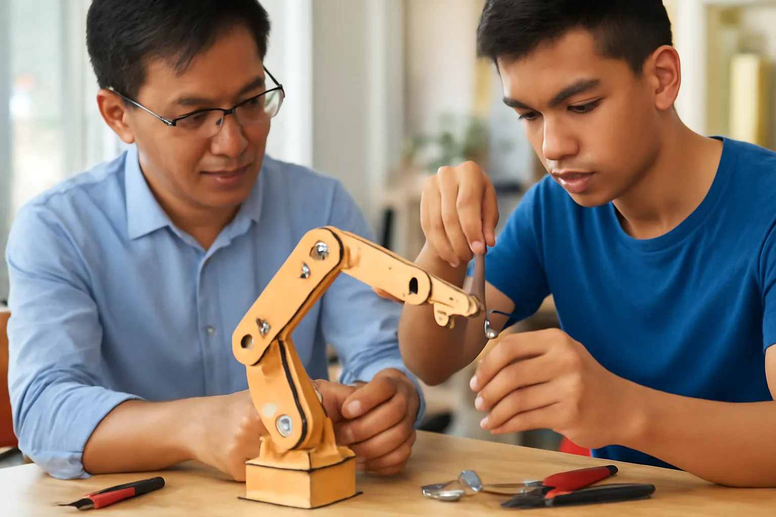 Giảng viên và sinh viên lắp cánh tay gắp bằng gỗ trong xưởng chế tạo ở Thủ Đức