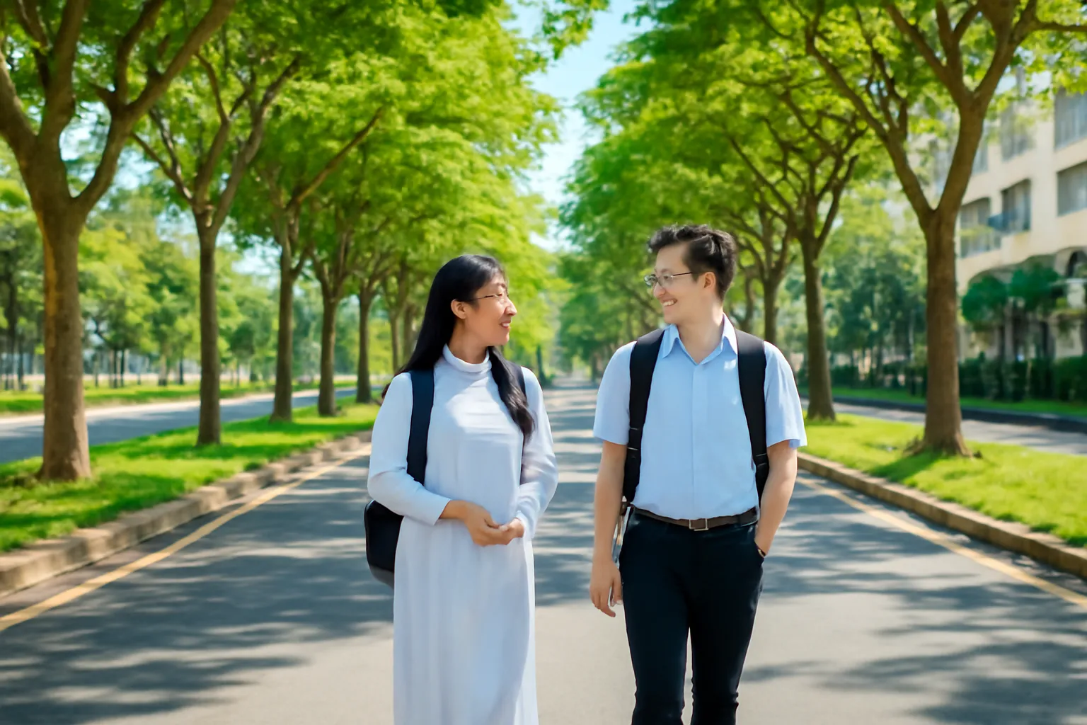 Hai sinh viên vừa đi vừa trò chuyện trên con đường rợp cây ở khu đại học Thủ Đức