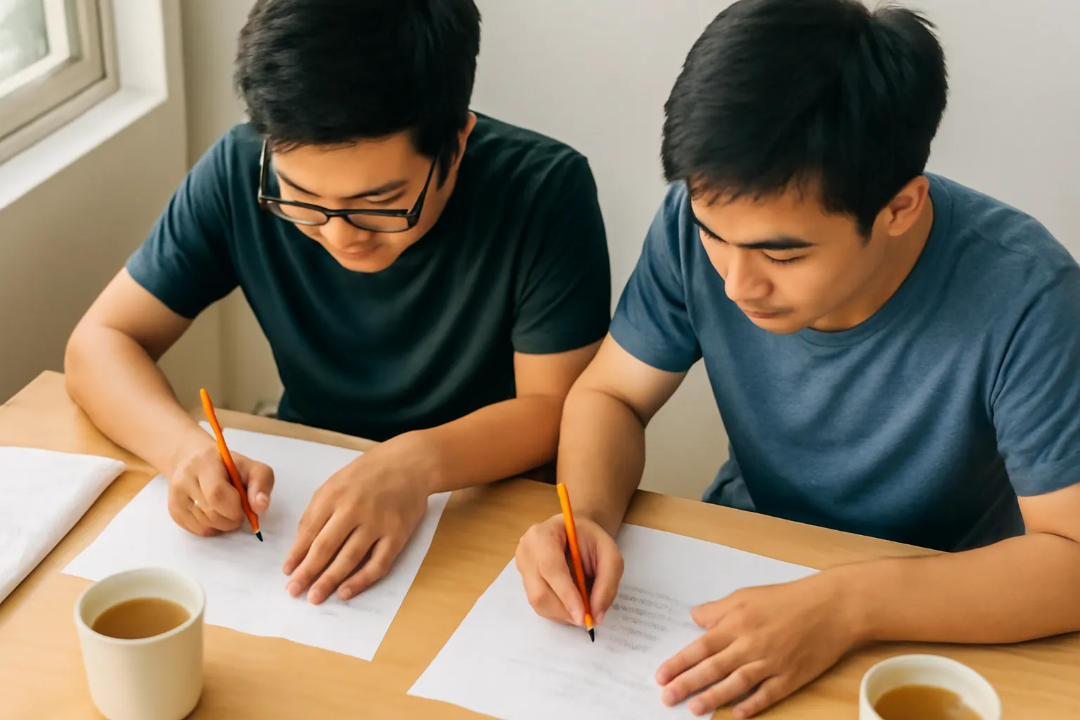 Hai nam sinh kỹ thuật giải bài trên giấy nháp ở bàn ký túc xá tại Vinh