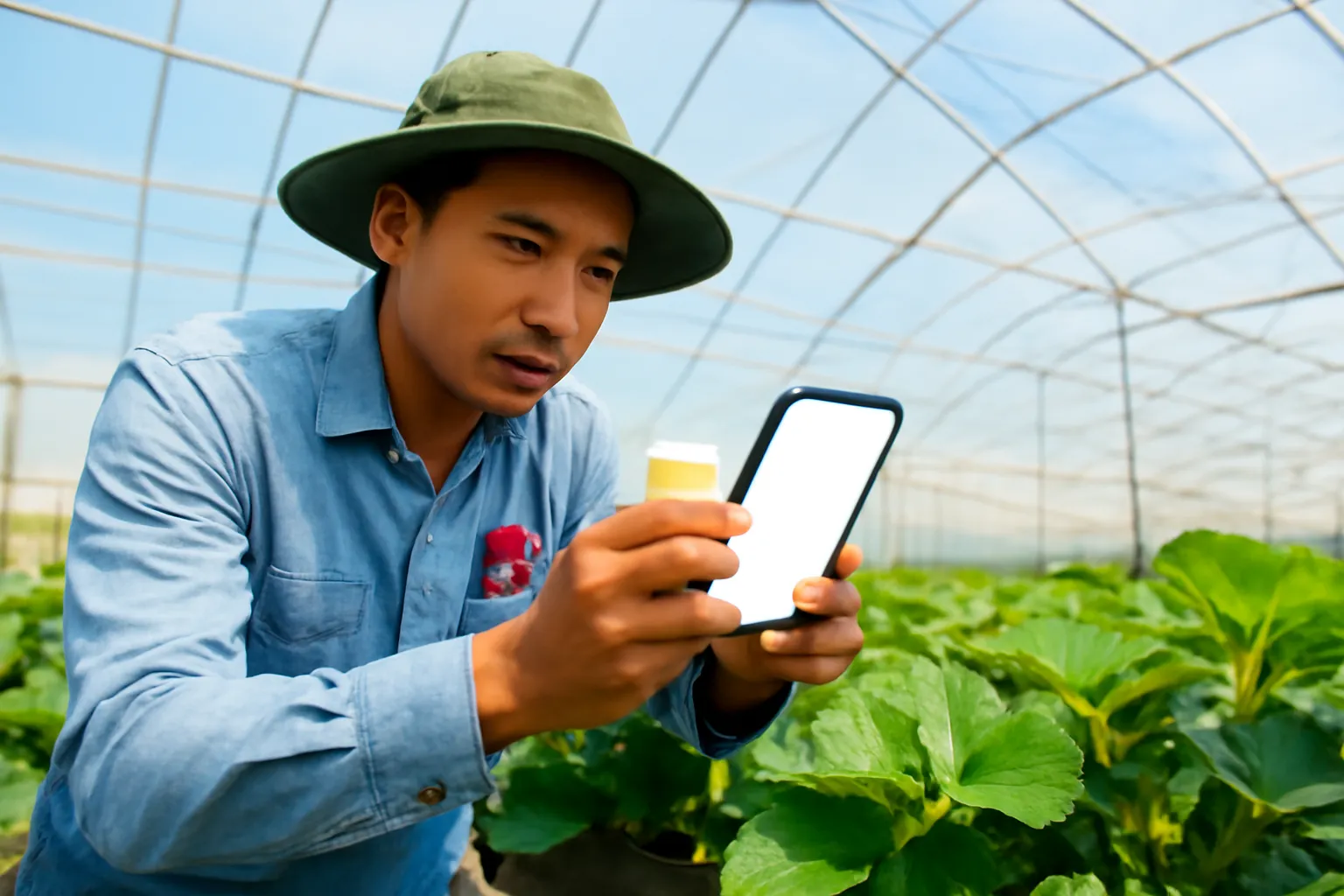 Kỹ thuật viên nông nghiệp chụp ảnh lá dâu tây bằng điện thoại trong nhà kính ở Đà Lạt