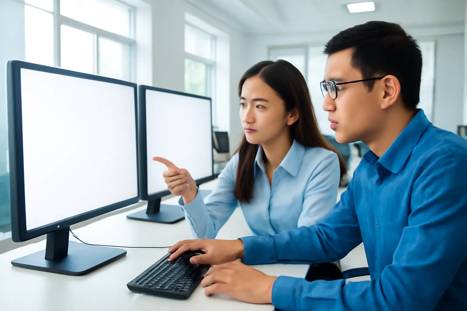 Hai kỹ sư trẻ so kết quả kiểm thử trên hai màn hình trong phòng thử phần mềm