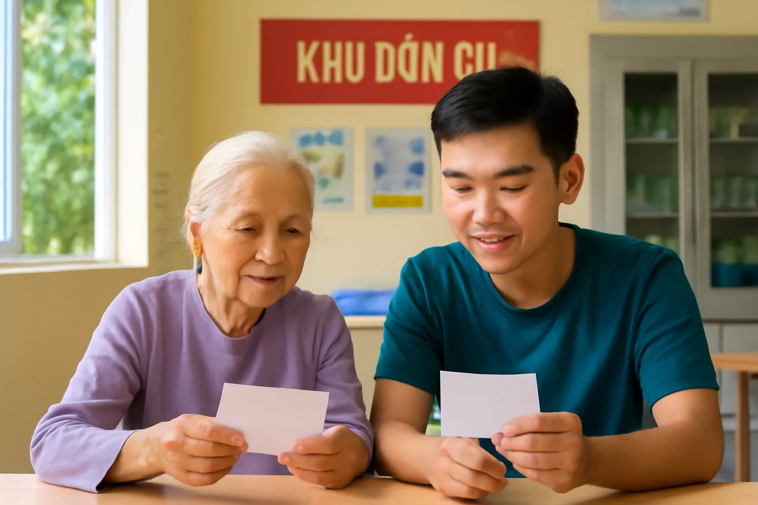 Cụ bà và sinh viên đọc to thẻ câu hỏi trong phòng sinh hoạt khu phố ở Vinh