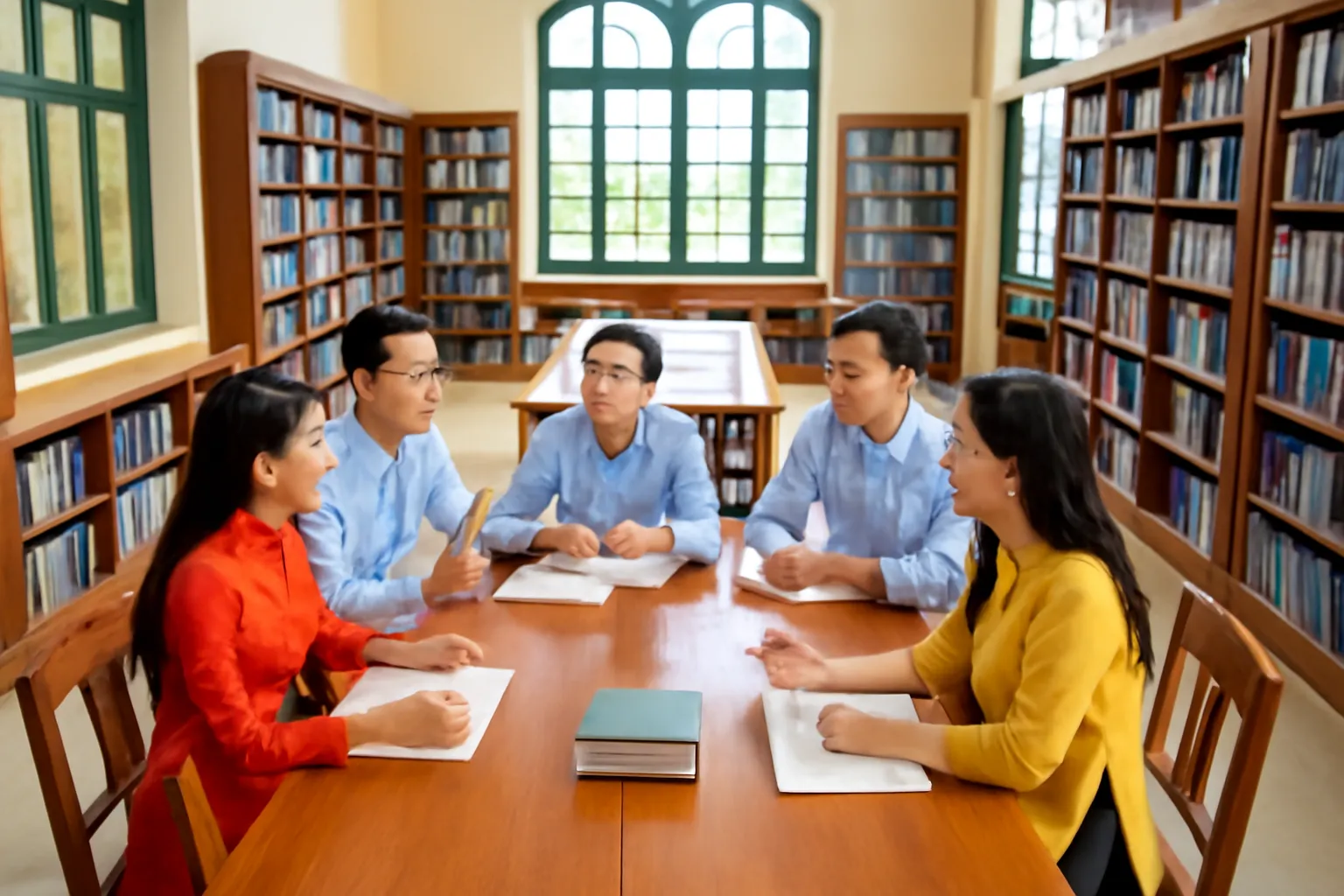 Nhóm nghiên cứu sinh tranh luận quanh bàn gỗ dài trong phòng đọc thư viện ở Hà Nội