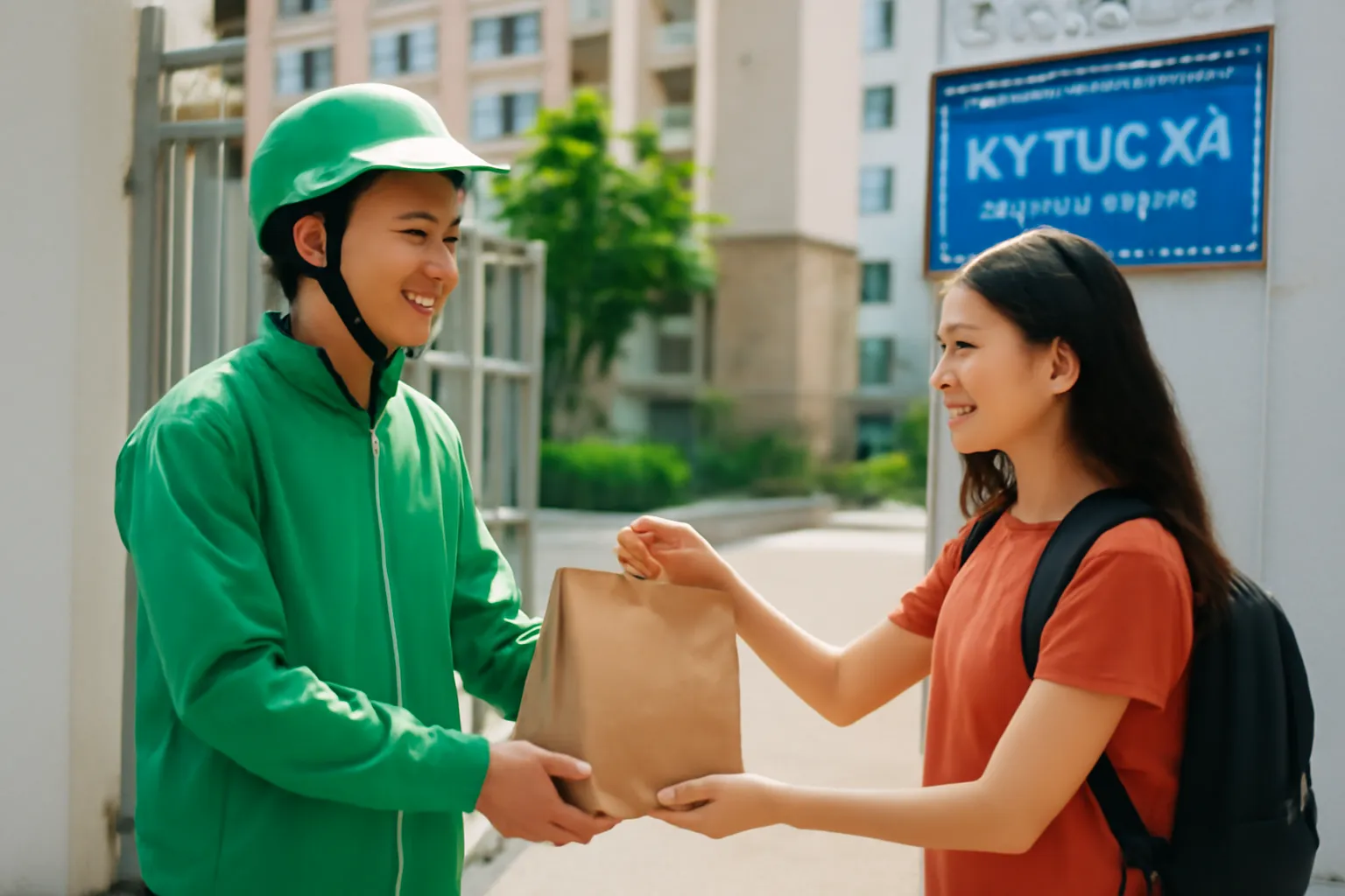 Người giao hàng trao túi đồ cho nữ sinh viên trước cổng ký túc xá ở Thủ Đức
