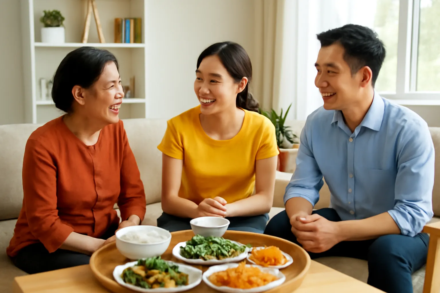 Ba thế hệ trong một gia đình Hà Nội trò chuyện quanh mâm cơm bên cửa sổ sáng