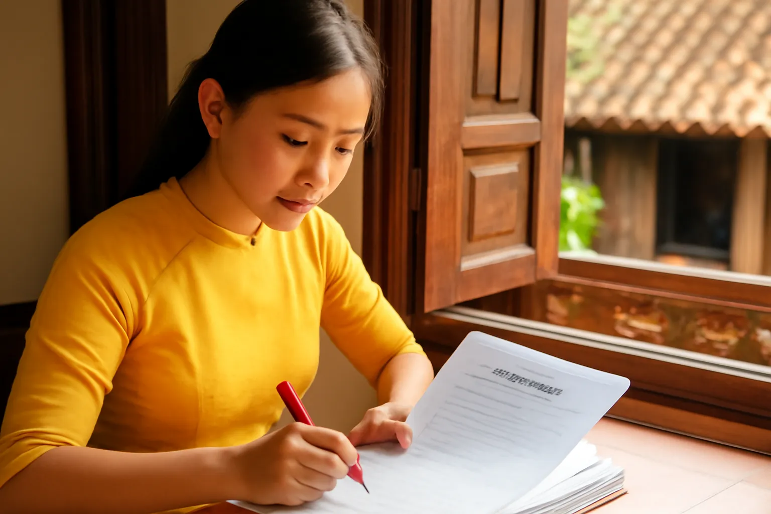 Cô giáo chấm bài thi viết tay bên cửa sổ gỗ của nhà rường ở Huế