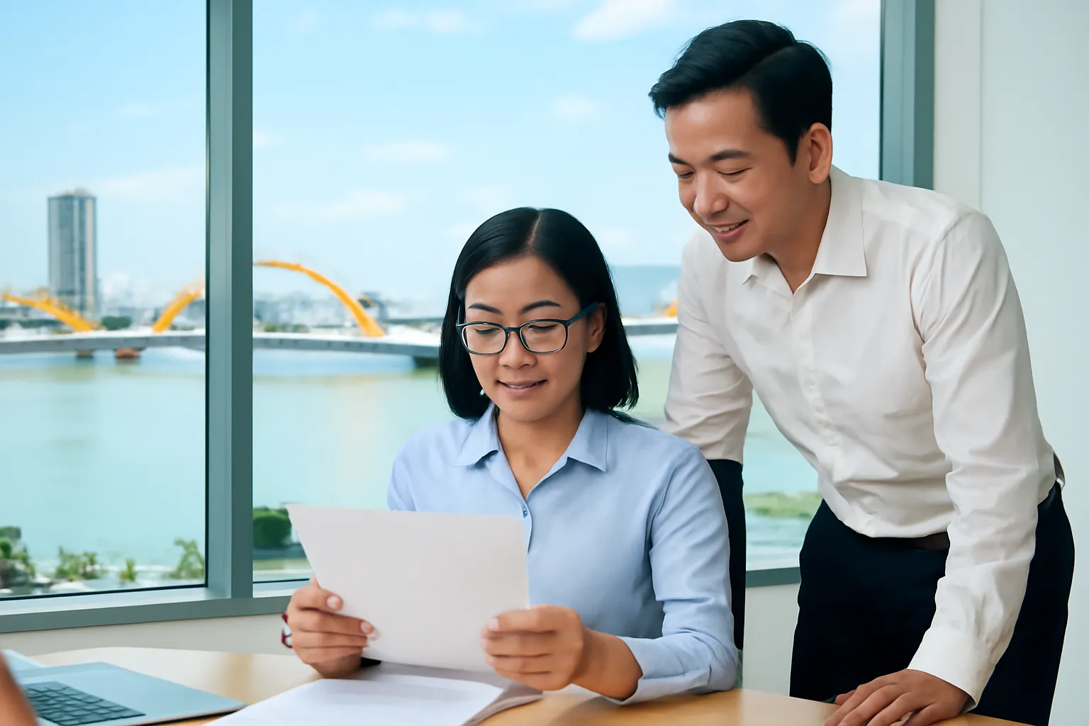 Nhân viên thẩm định đọc giấy tờ, đồng nghiệp đứng cạnh, văn phòng ven sông Hàn Đà Nẵng