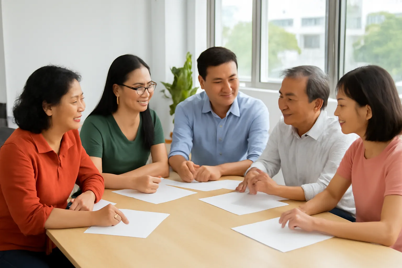 Nhóm người gán nhãn nhiều lứa tuổi bàn bạc quanh bàn dài với các tờ giấy trắng