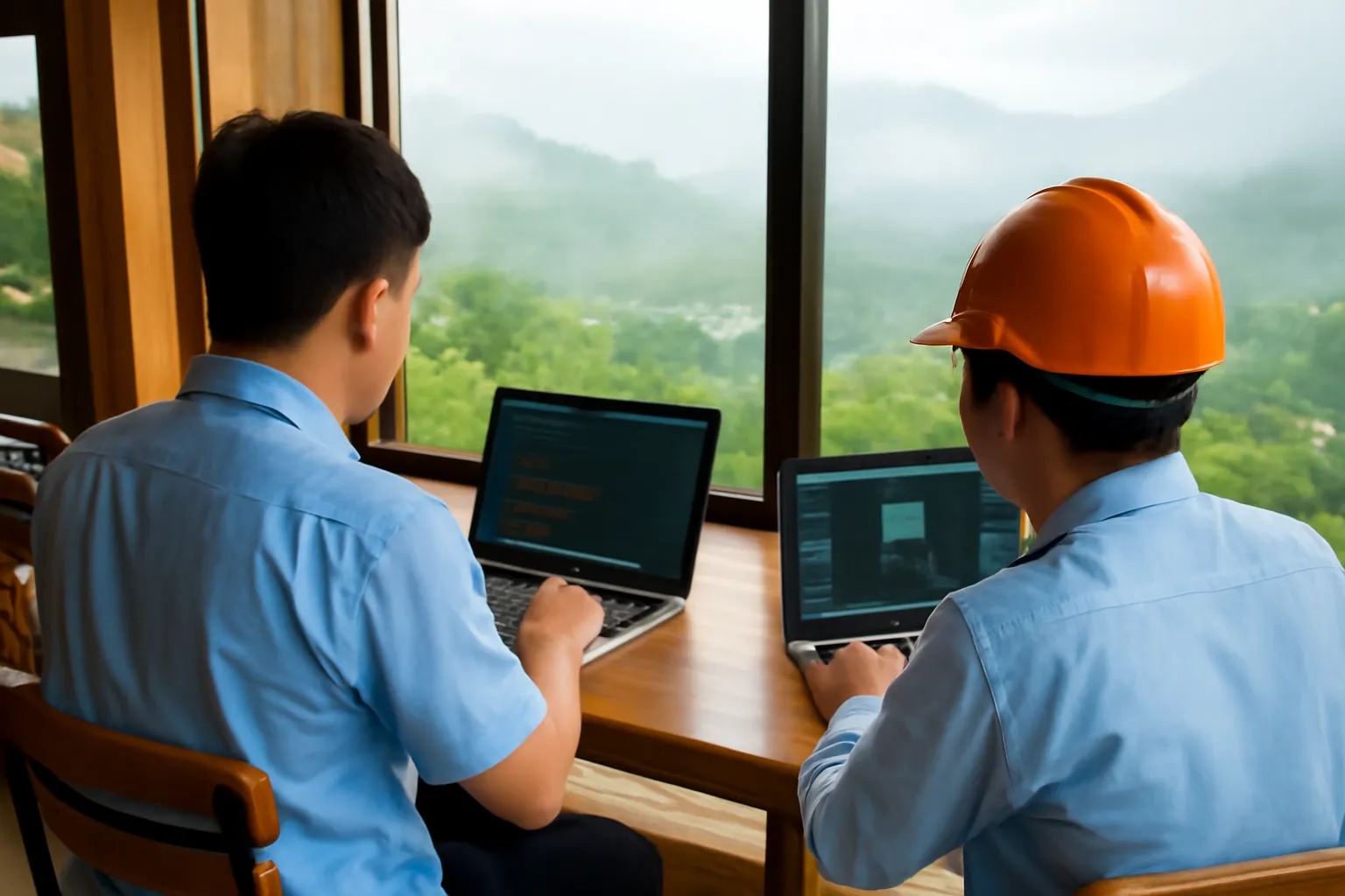 Hai kỹ sư trẻ làm việc bên máy tính trong quán cà phê gỗ trên dốc Đà Lạt buổi sáng