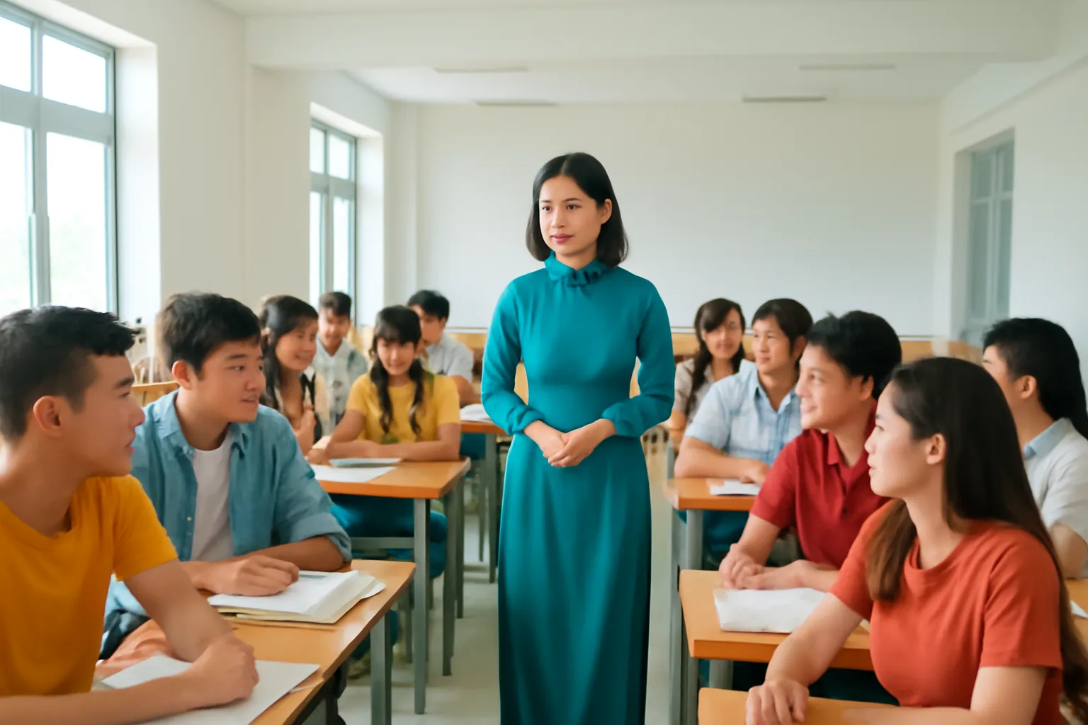 Giảng viên và sinh viên thảo luận theo cặp trong phòng học đại học ở Vinh