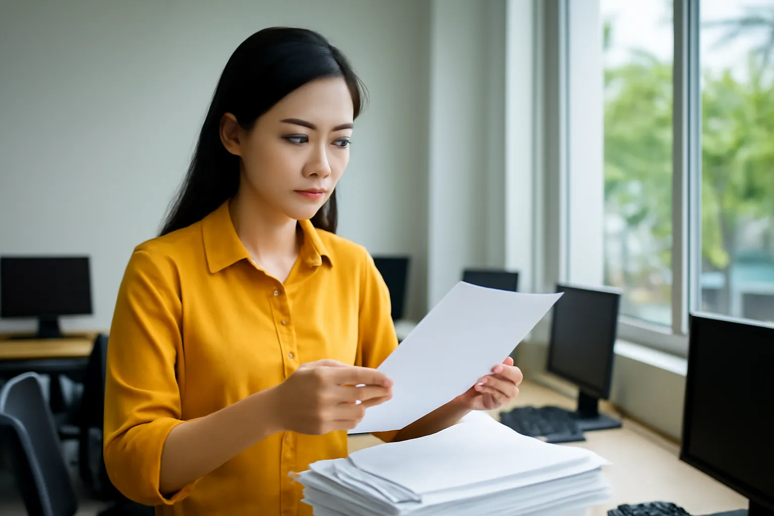 Nữ nghiên cứu viên xếp xấp giấy bên cửa sổ phòng nghiên cứu ở Cầu Giấy, Hà Nội