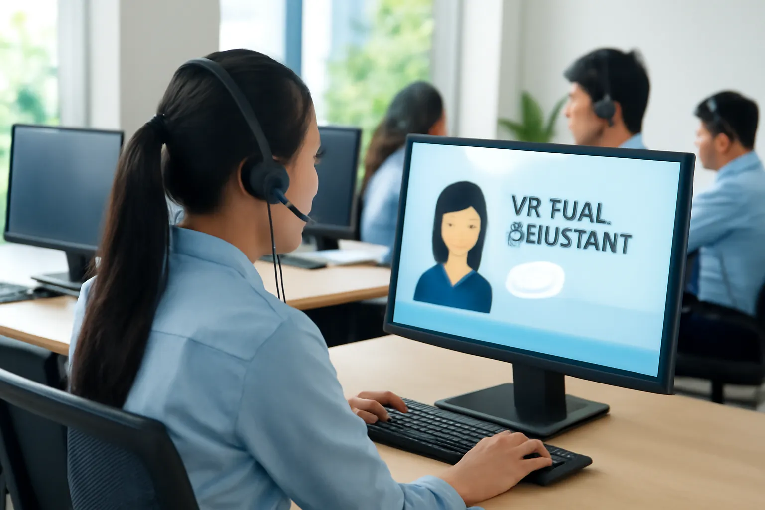 Nhân viên tổng đài đeo tai nghe thử trợ lý ảo, màn hình máy tính quay đi