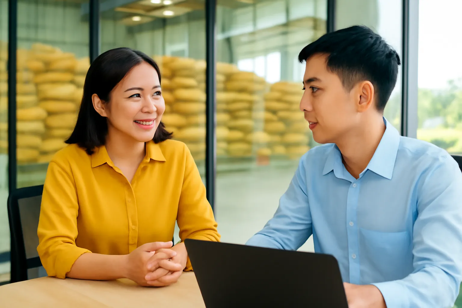 Chủ công ty xuất khẩu gạo trao đổi với nhân viên IT ở văn phòng Cần Thơ