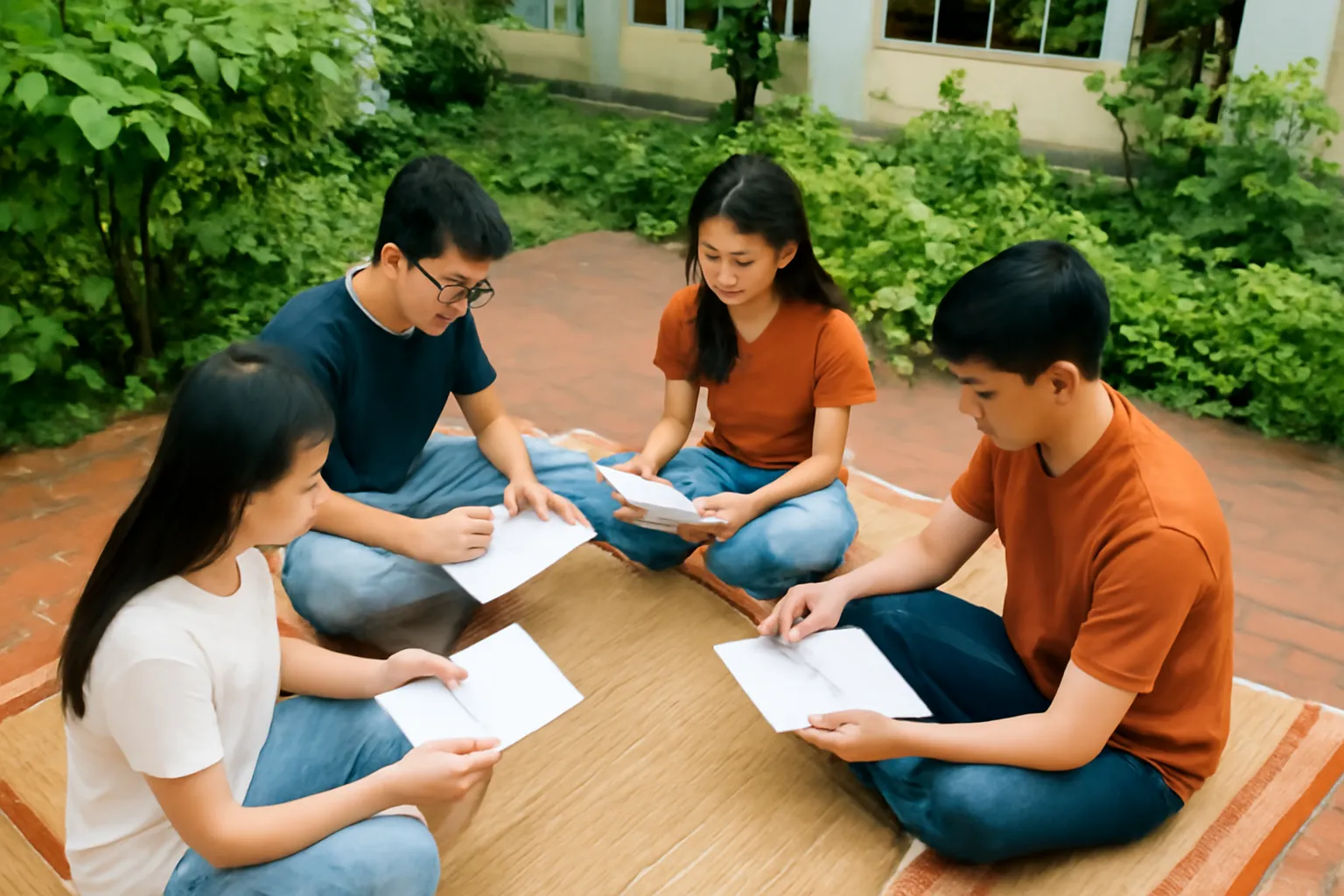 Bốn sinh viên ngồi trên chiếu ở sân thư viện trường tại Vinh đọc tài liệu in
