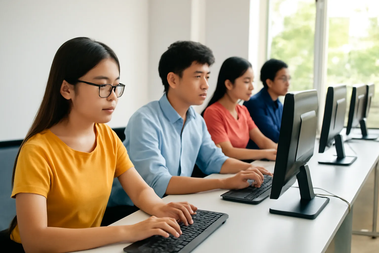 Các bạn trẻ gán nhãn dữ liệu ở dãy bàn trong văn phòng nhỏ tại Nha Trang