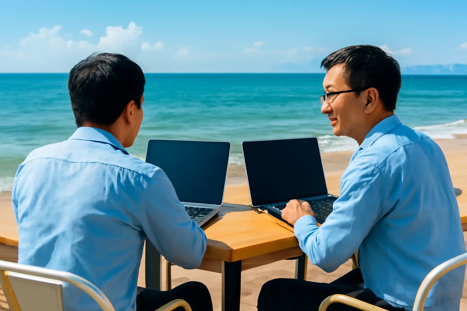Hai kỹ sư so sánh laptop ở quán cà phê ven biển Quy Nhơn
