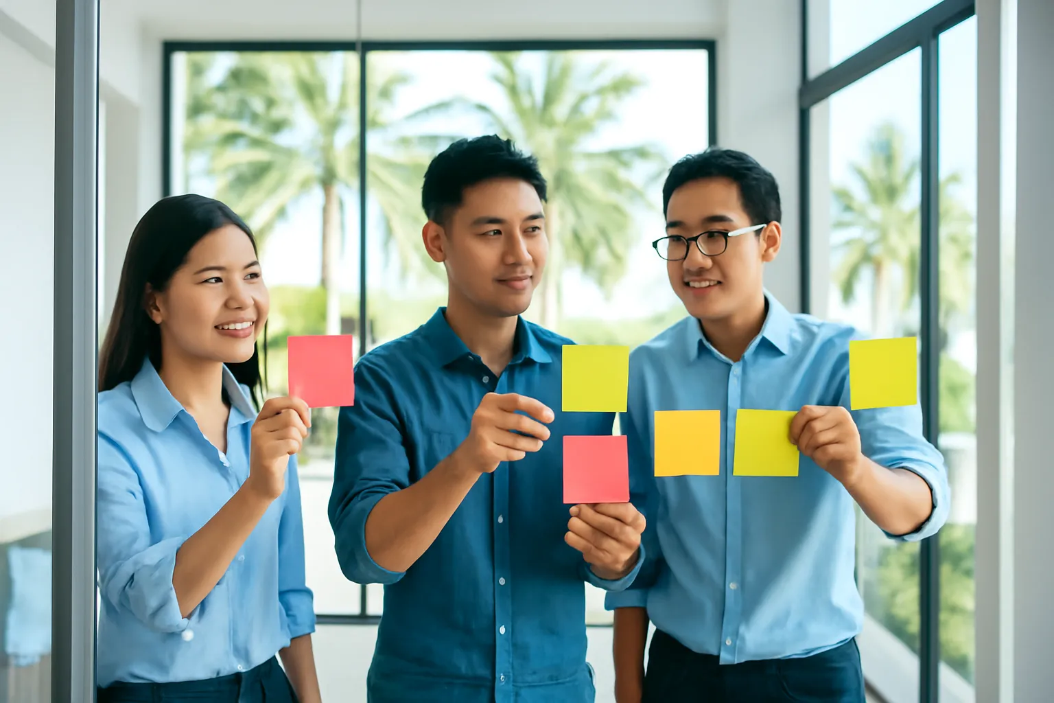 Kỹ sư trẻ dán giấy ghi chú lên vách kính trong buổi họp rút kinh nghiệm ở Nha Trang