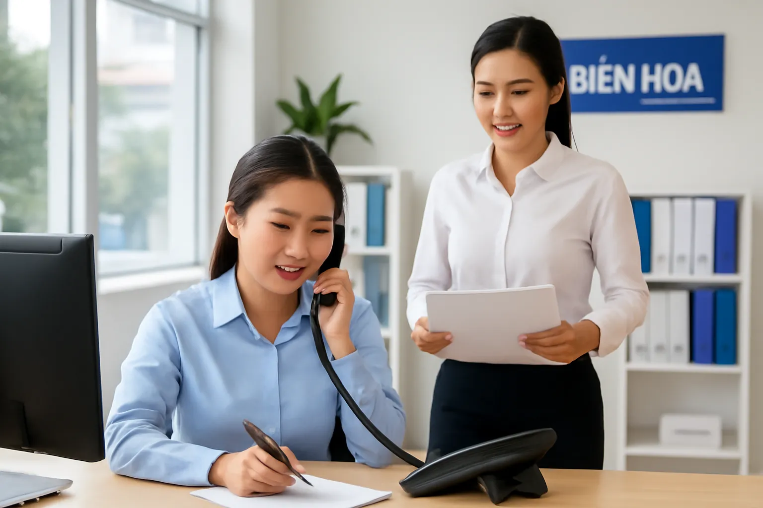 Nhân viên kế toán gọi điện thoại bàn xác minh, đồng nghiệp đứng cạnh cầm giấy trắng