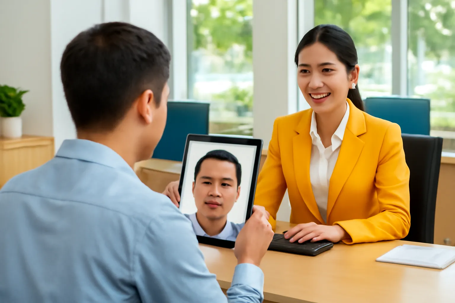 Khách hàng nhìn vào máy tính bảng tại quầy giao dịch, nhìn từ phía nhân viên