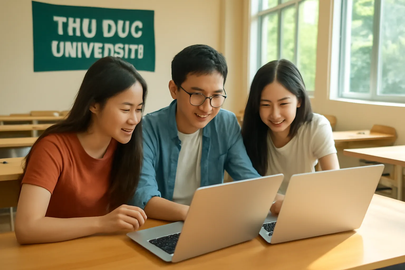 Nhóm sinh viên ngồi so sánh các câu trả lời trên máy tính xách tay trong phòng học