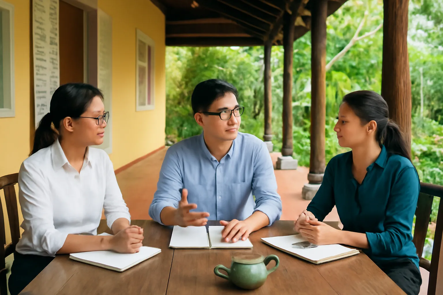 Ba người thảo luận bên bàn gỗ có ấm trà và sổ tay trong nhà vườn ở Huế