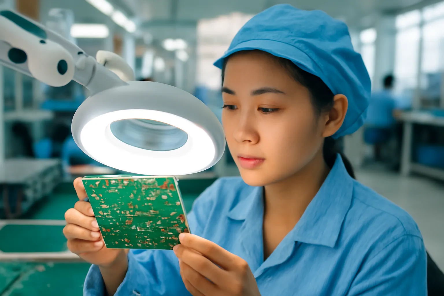 Kỹ sư kiểm tra chất lượng soi linh kiện điện tử dưới đèn tại trạm kiểm tra nhà máy