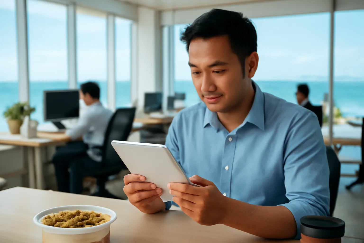 Kỹ sư phần mềm đọc tài liệu trên máy tính bảng giờ nghỉ trưa ở văn phòng Nha Trang