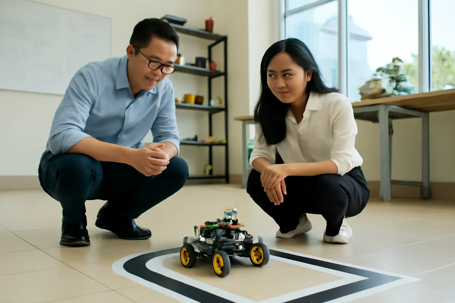 Hai nghiên cứu viên quan sát xe mô hình tự lái chạy trên đường đua trong phòng thí nghiệm