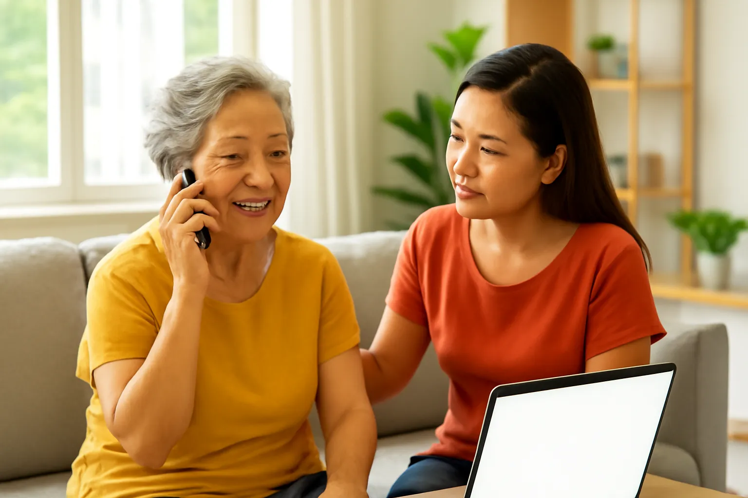 Người mẹ lớn tuổi nghe điện thoại trong phòng khách, con gái ngồi cạnh lắng nghe