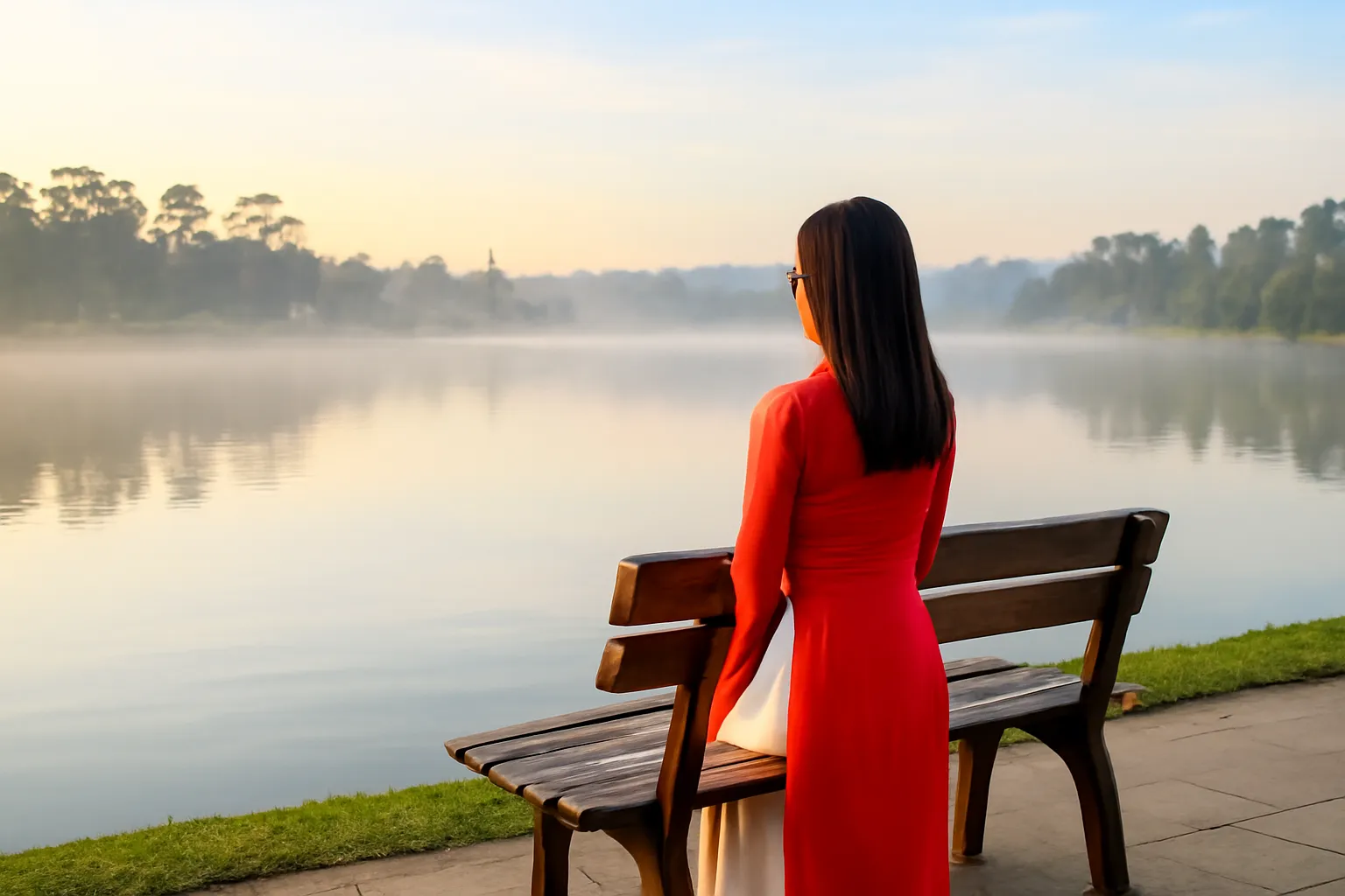 Cô gái ngồi một mình trên ghế gỗ ven hồ Xuân Hương lúc sương sớm