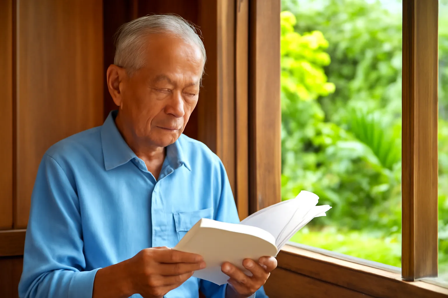 Ông cụ đọc sách bên cửa sổ gỗ trong nhà vườn Kim Long ở Huế buổi sáng