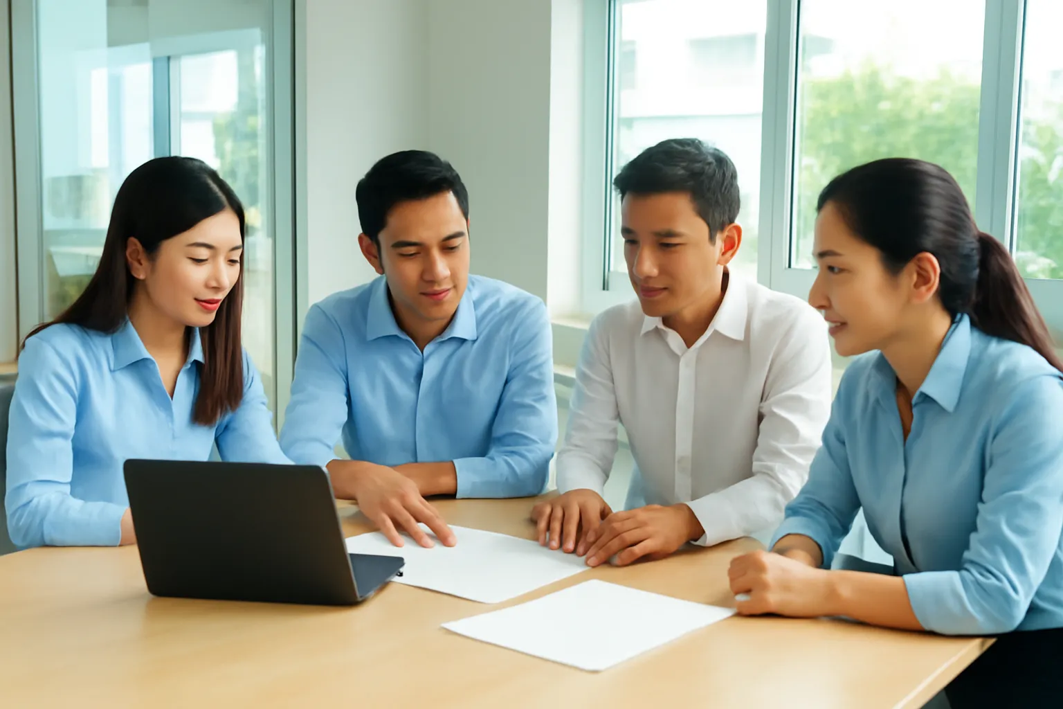 Nhóm kỹ sư trẻ xem lại kết quả kiểm tra quanh bàn họp ở văn phòng Cần Thơ