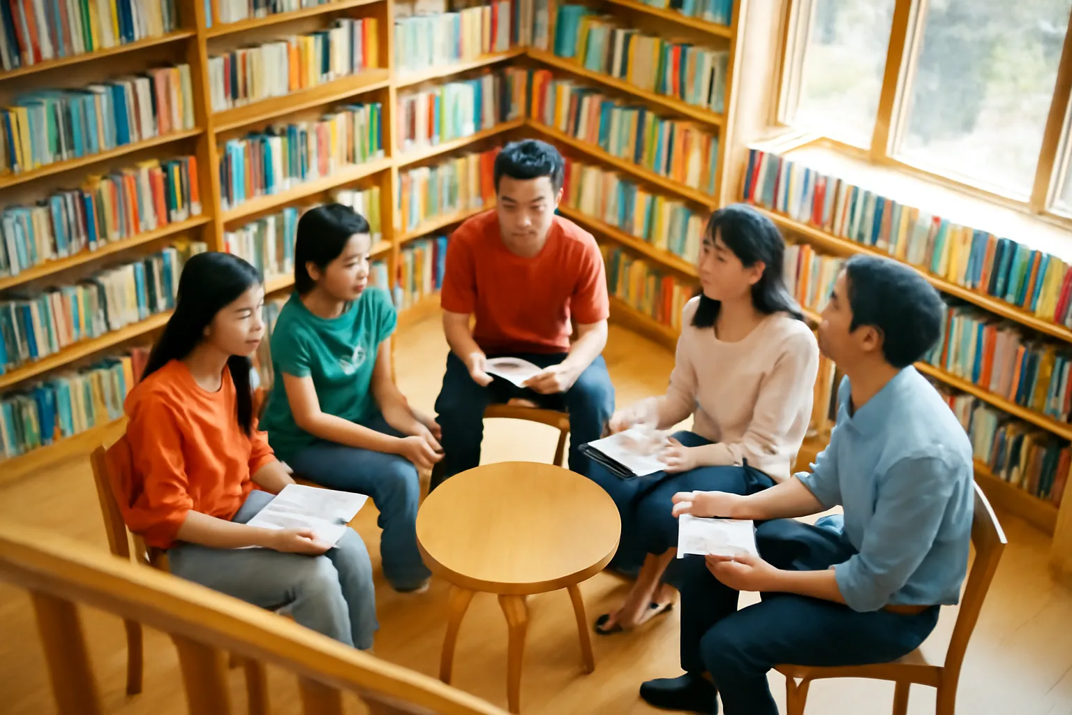 Năm người thảo luận trong quán sách có gác gỗ ở Đà Lạt nhìn từ cầu thang
