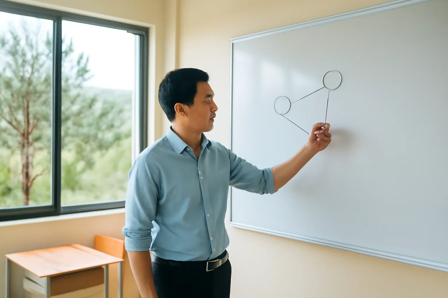 Giảng viên vẽ sơ đồ chấm và mũi tên trên bảng trắng trong phòng học nhìn ra đồi thông Đà Lạt