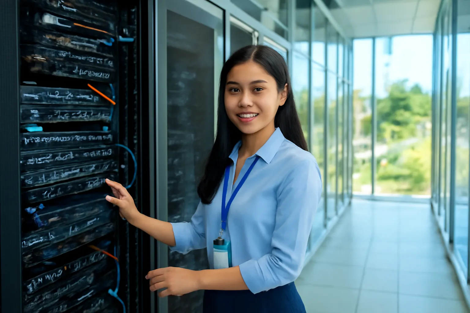 Nữ kỹ sư đứng cạnh tủ máy chủ, nhìn qua vách kính trung tâm dữ liệu ở Đà Nẵng