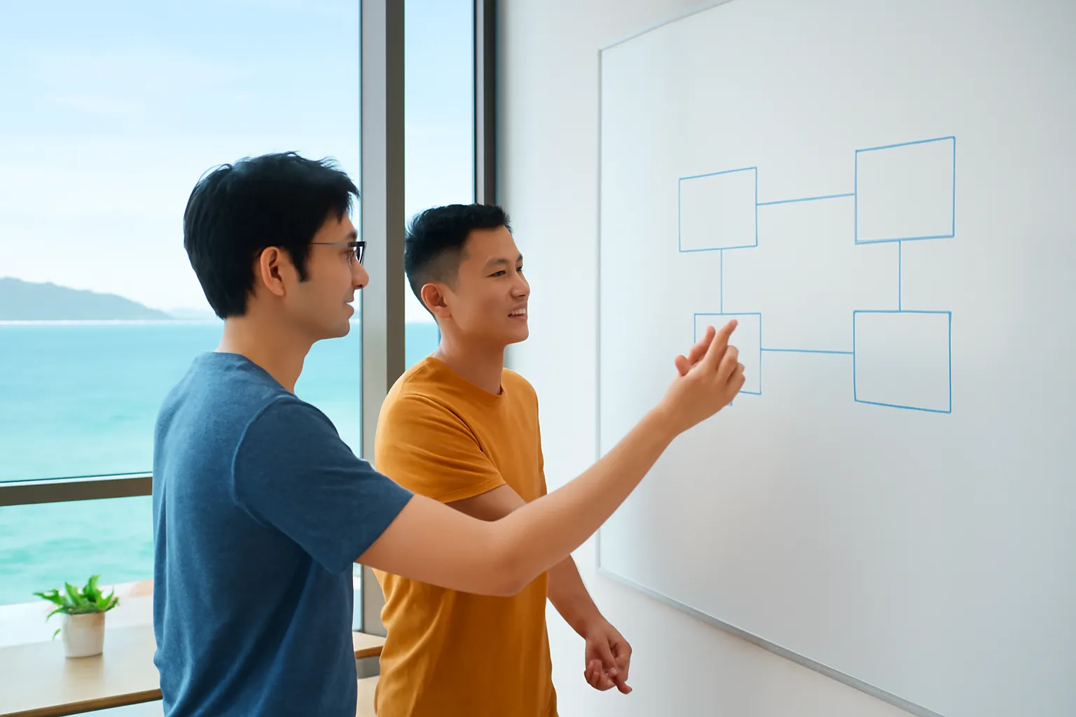 Hai lập trình viên trẻ vẽ sơ đồ trên bảng trắng trong văn phòng nhìn ra biển Quy Nhơn