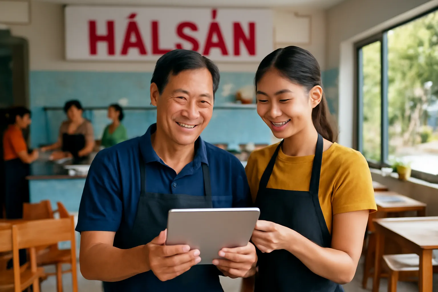 Chủ quán hải sản và con gái xem máy tính bảng, nhân viên làm việc phía sau ở Sơn Trà