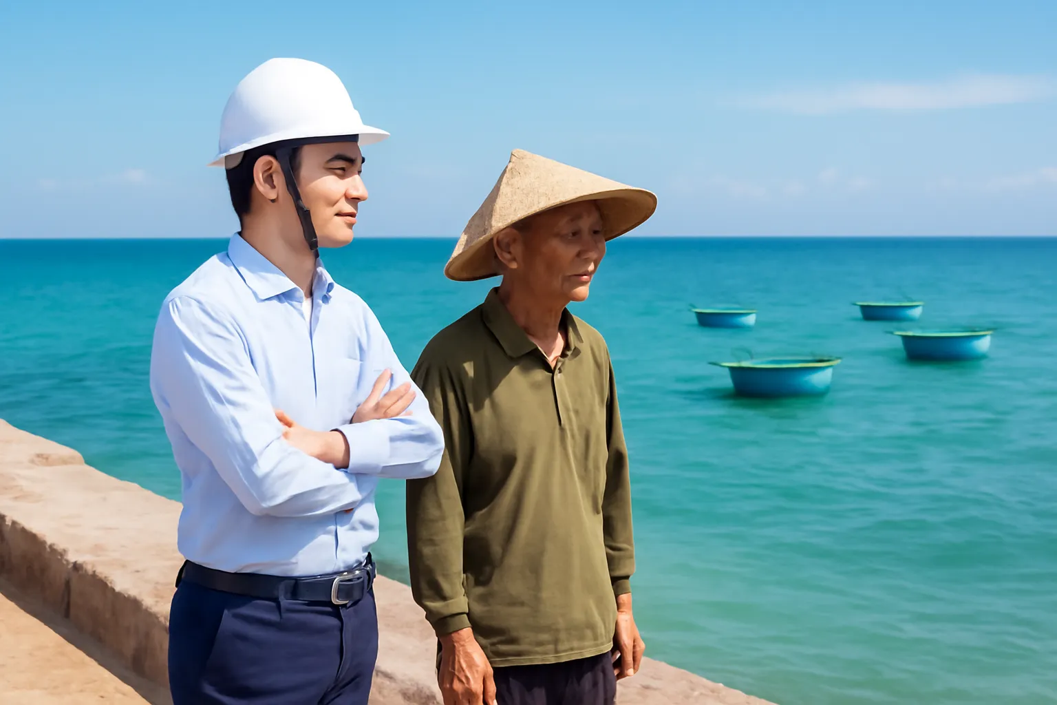 Kỹ sư và ngư dân đứng trên kè chắn sóng nhìn ra biển, thuyền thúng phía xa ở Quy Nhơn