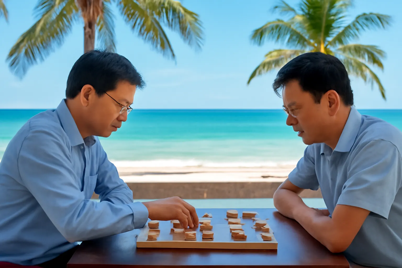 Hai nhà nghiên cứu chơi cờ tướng ở quán cà phê ven biển Quy Nhơn