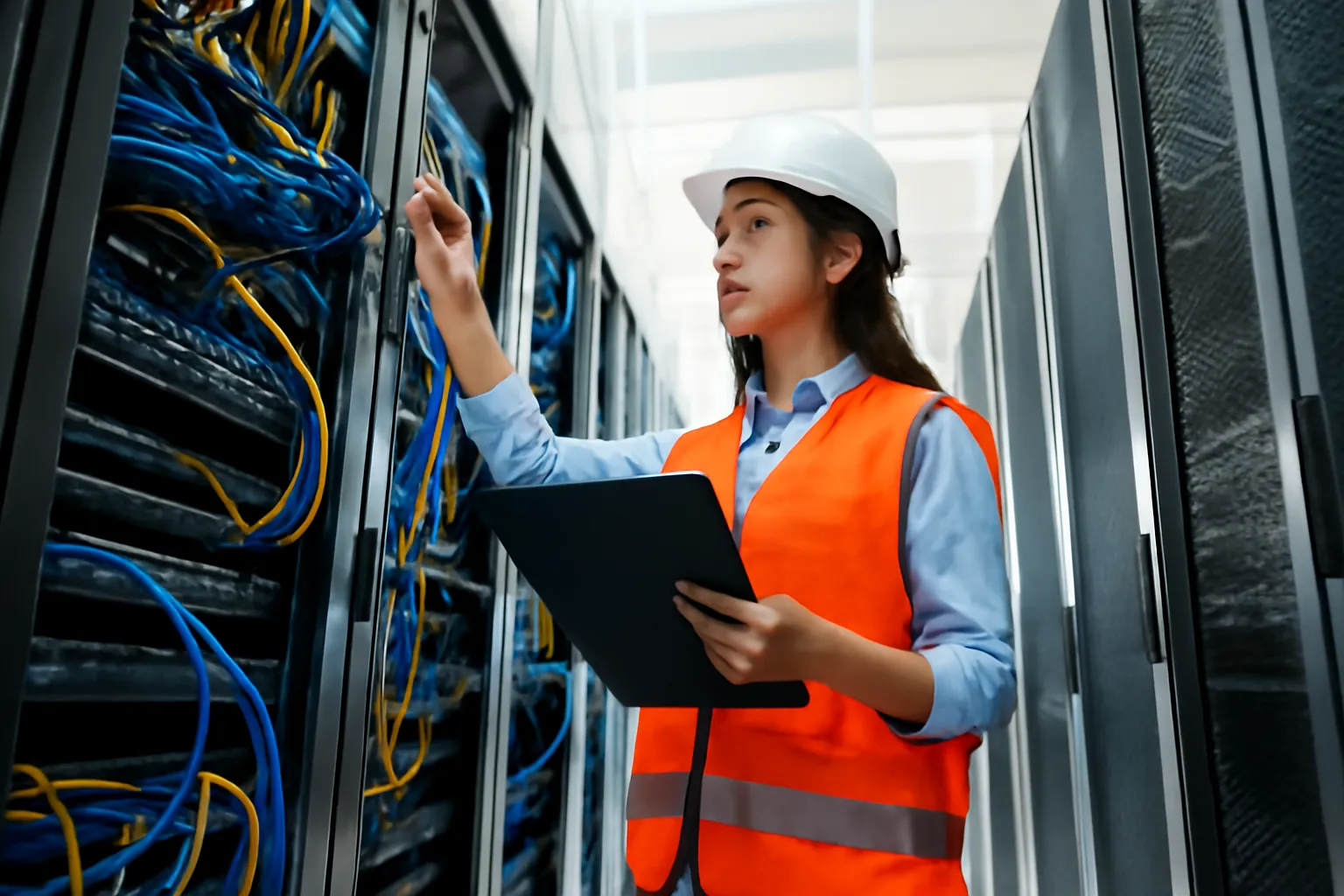 Nữ kỹ sư kiểm tra dây cáp trong phòng máy chủ của trường đại học ở Thủ Đức