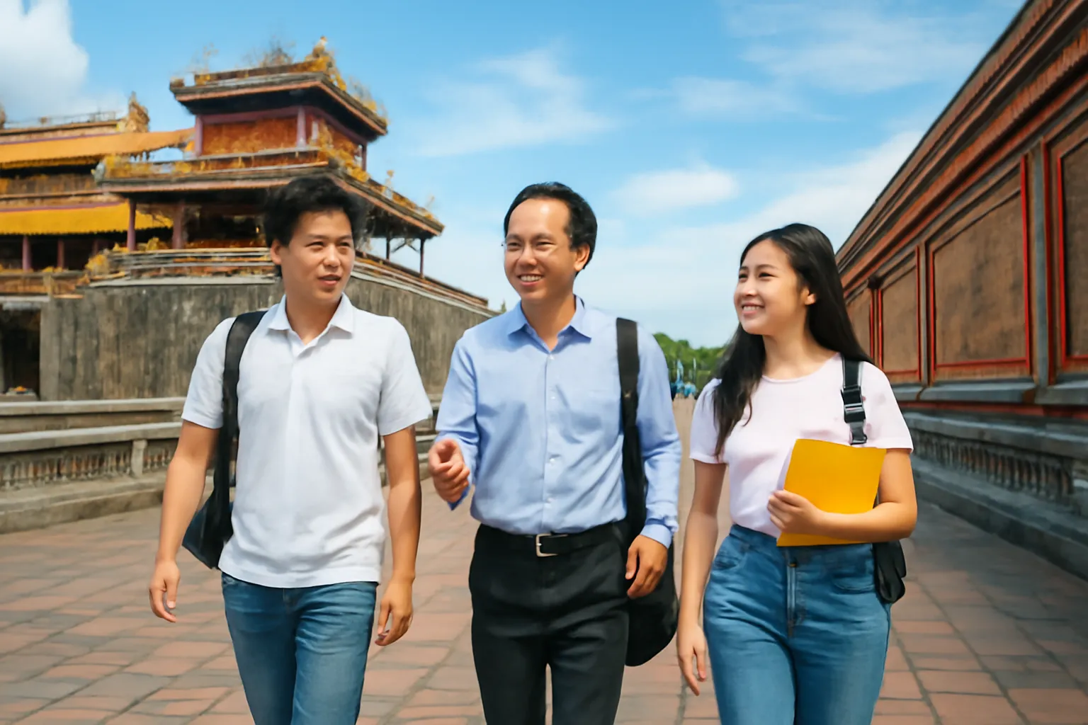 Thầy giáo và hai sinh viên vừa đi vừa trò chuyện trên lối lát đá trong Đại Nội Huế