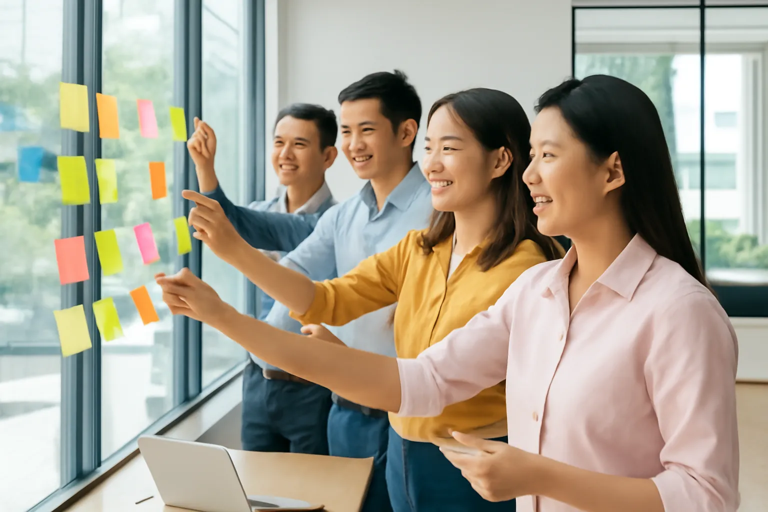Nhóm năm người dán giấy nhớ trắng lên vách kính phòng họp, cùng bàn phương án