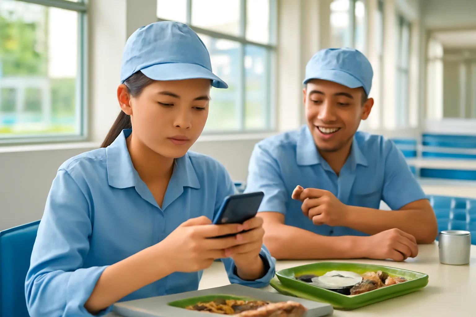 Công nhân trẻ xem điện thoại giờ nghỉ ở căng tin nhà máy, đồng nghiệp chỉ vào máy