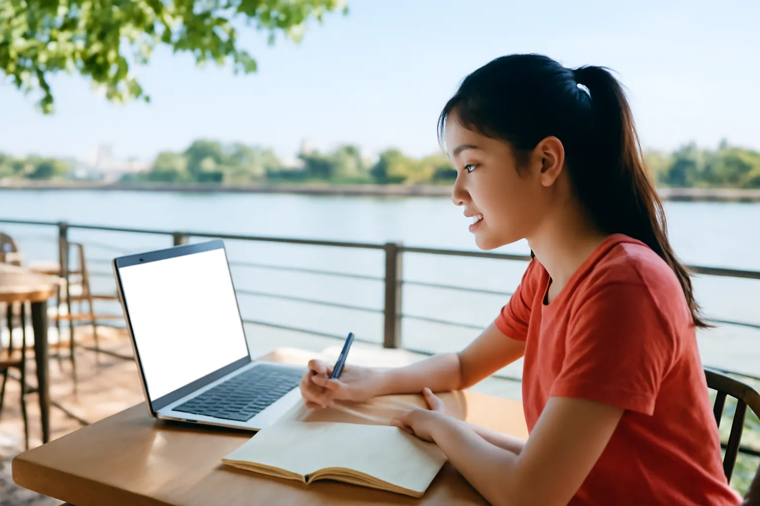 Nữ sinh viên tự học với sổ tay và laptop ở quán cà phê ven sông Cần Thơ