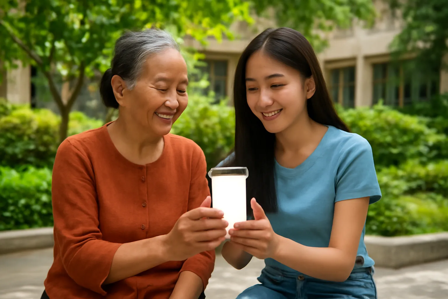 Bà và cháu gái ngồi ghế đá vườn thư viện ở Hà Nội cùng nhìn điện thoại