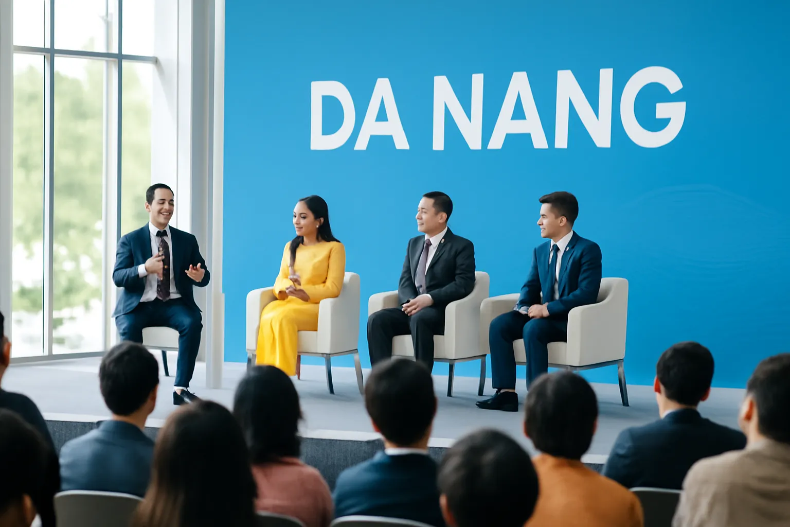 Bốn người tranh luận trên sân khấu hội thảo ở Đà Nẵng, khán giả nhìn từ phía sau