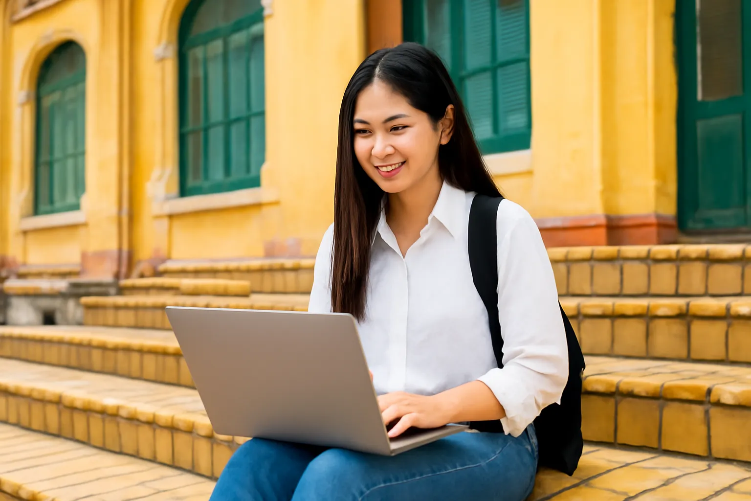 Nữ sinh viên ngồi trên bậc thềm giảng đường gạch vàng ở Huế làm việc với máy tính xách tay